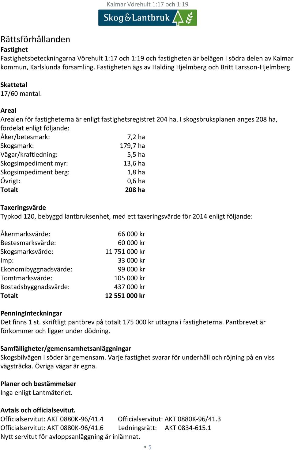 I skogsbruksplanen anges 208 ha, fördelat enligt följande: Åker/betesmark: 7,2 ha Skogsmark: 179,7 ha Vägar/kraftledning: 5,5 ha Skogsimpediment myr: 13,6 ha Skogsimpediment berg: 1,8 ha Övrigt: 0,6