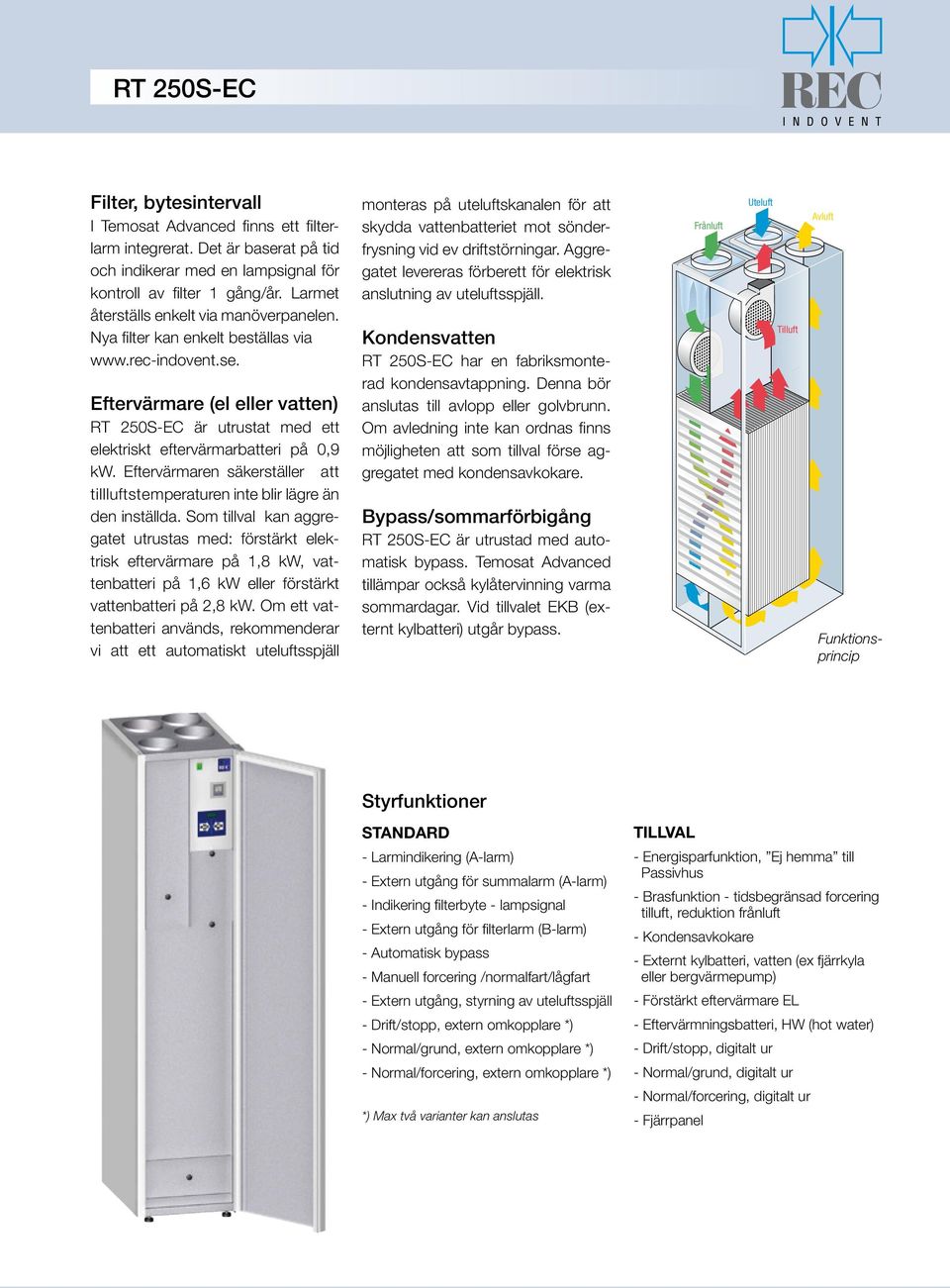 Eftervärmare (el eller vatten) RT 25S-EC är utrustat med ett elektriskt eftervärmarbatteri på,9 kw. Eftervärmaren säkerställer att tillluftstemperaturen inte blir lägre än den inställda.