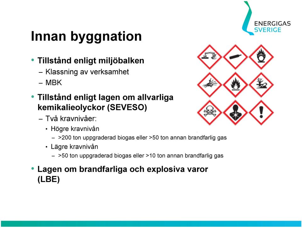 ton uppgraderad biogas eller >50 ton annan brandfarlig gas Lägre kravnivån >50 ton