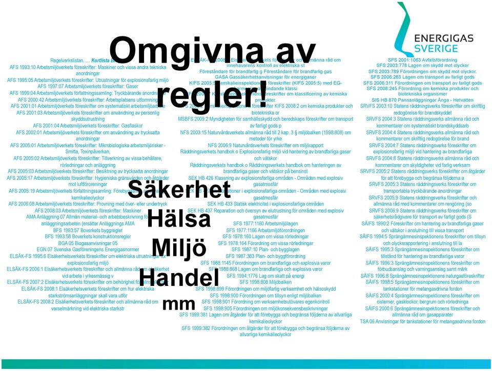 elektriska st anordningar Föreståndare för brandfarlig g Föreståndare för brandfarlig gas GASA Gassäkerhetsanvisningar för energigaser AFS 1995:05 Arbetsmiljöverkets föreskrifter: Utrustningar för