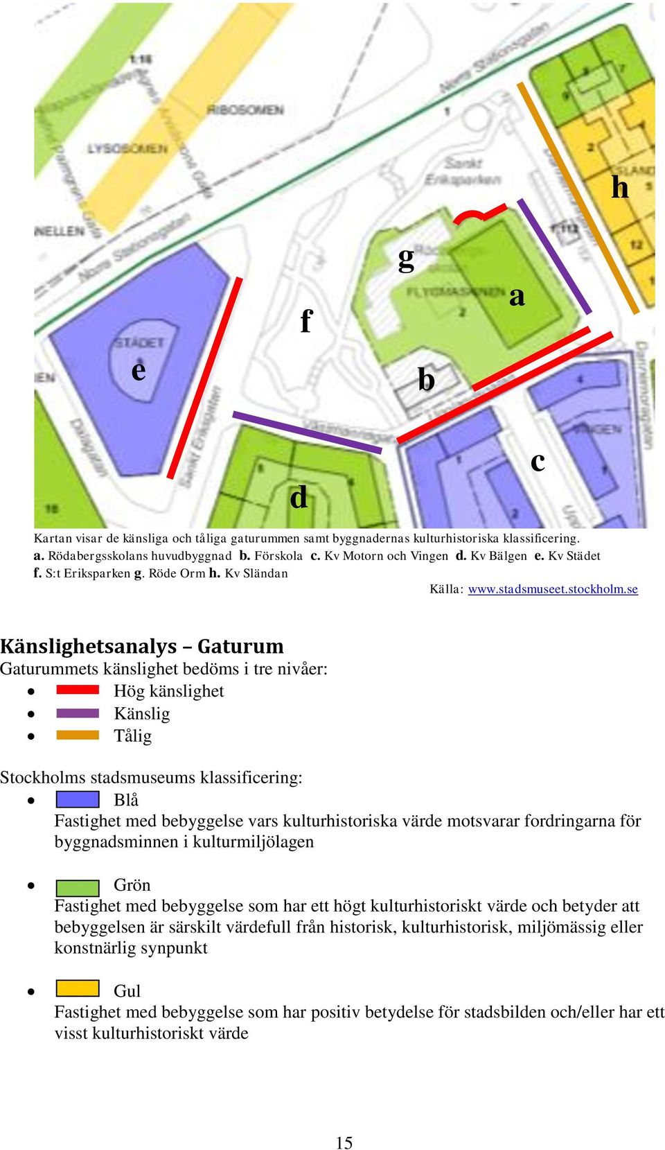 se Känslighetsanalys Gaturum Gaturummets känslighet bedöms i tre nivåer: Hög känslighet Känslig Tålig Stockholms stadsmuseums klassificering: Blå Fastighet med bebyggelse vars kulturhistoriska värde