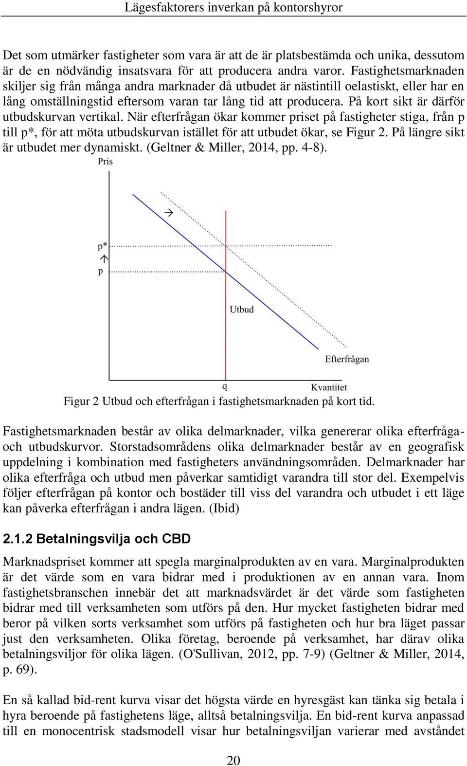 På kort sikt är därför utbudskurvan vertikal. När efterfrågan ökar kommer priset på fastigheter stiga, från p till p*, för att möta utbudskurvan istället för att utbudet ökar, se Figur 2.