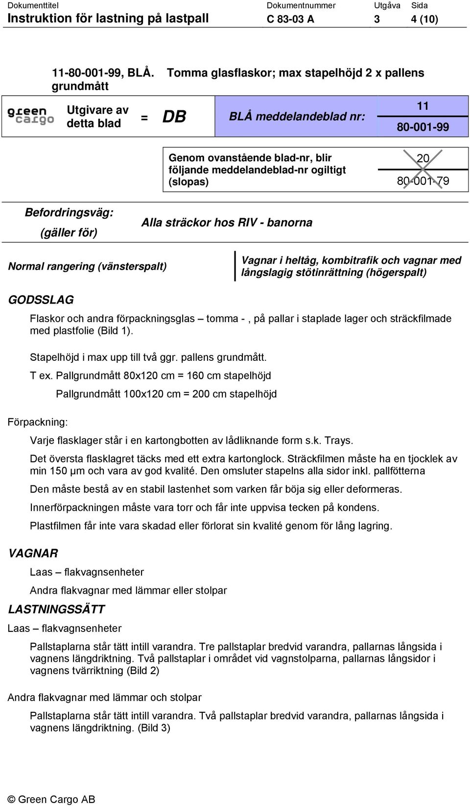 80-001-79 Befordringsväg: (gäller för) Alla sträckor hos RIV - banorna Normal rangering (vänsterspalt) Vagnar i heltåg, kombitrafik och vagnar med långslagig stötinrättning (högerspalt) GODSSLAG