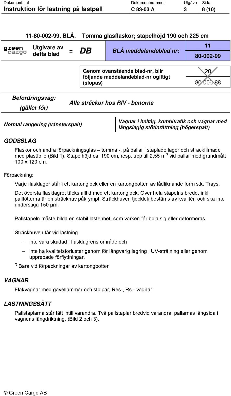 Befordringsväg: (gäller för) Alla sträckor hos RIV - banorna Normal rangering (vänsterspalt) Vagnar i heltåg, kombitrafik och vagnar med långslagig stötinrättning (högerspalt) GODSSLAG Flaskor och