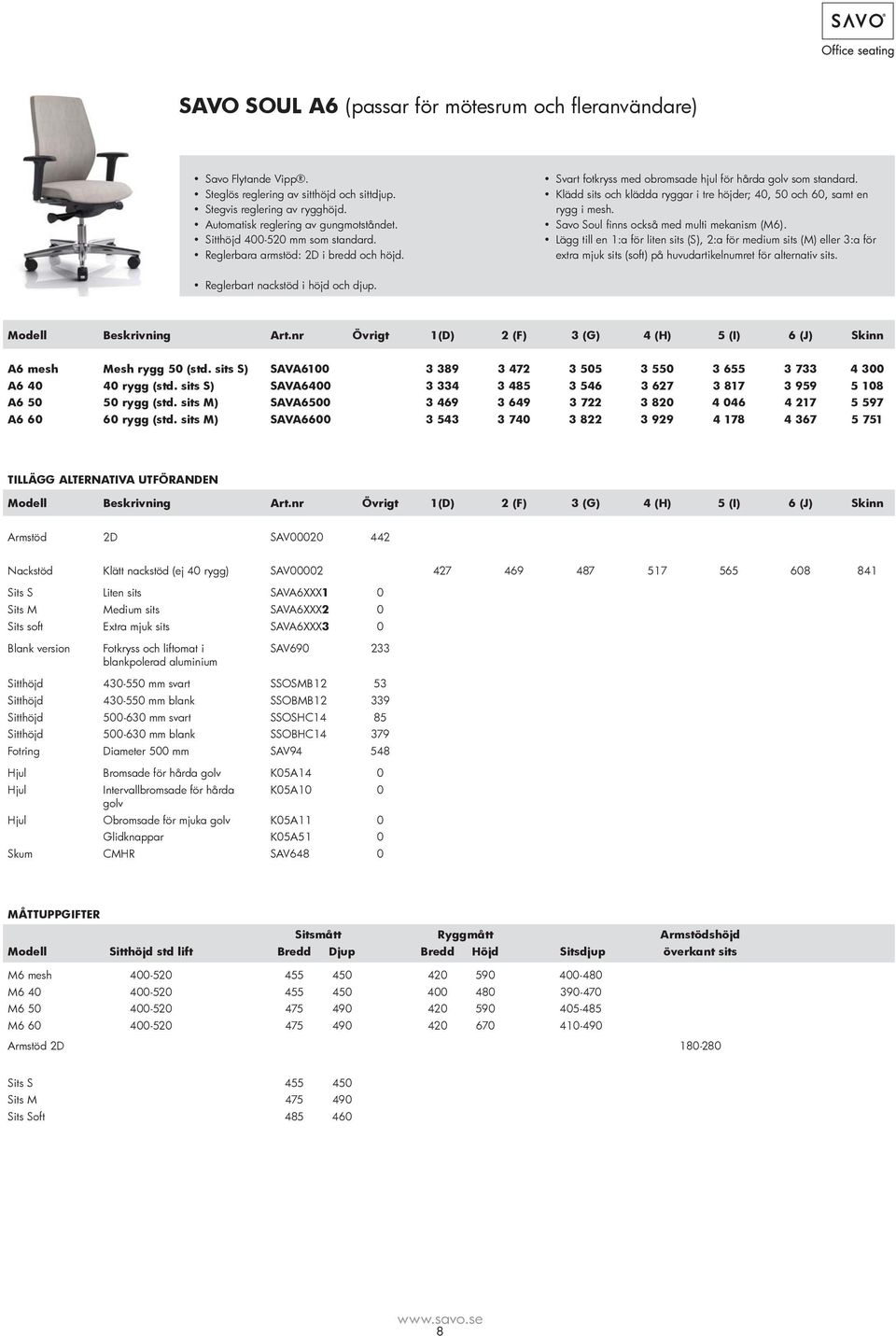 Klädd sits och klädda ryggar i tre höjder; 40, 50 och 60, samt en rygg i mesh. Savo Soul finns också med multi mekanism (M6).