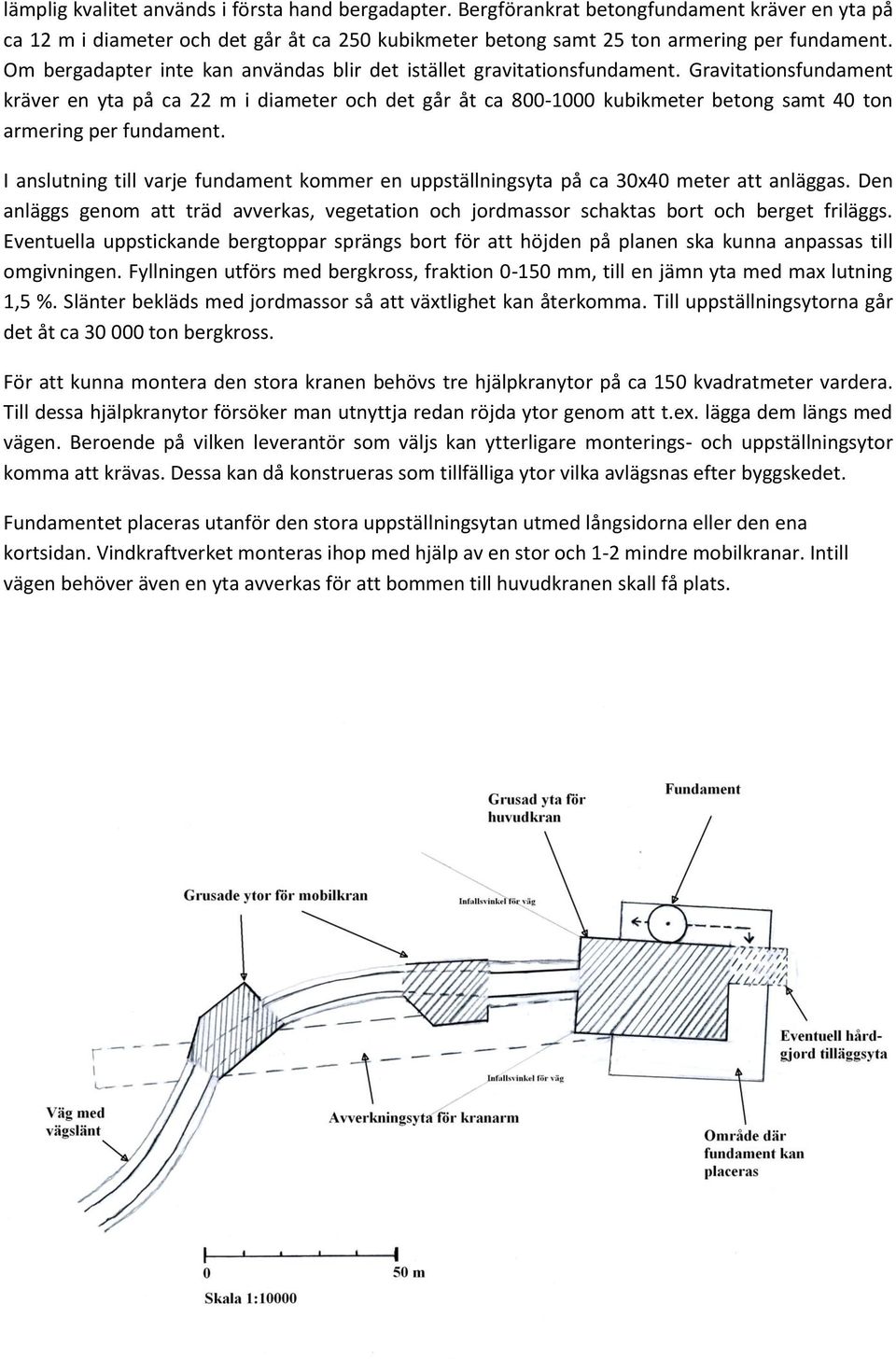 Gravitationsfundament kräver en yta på ca 22 m i diameter och det går åt ca 800-1000 kubikmeter betong samt 40 ton armering per fundament.