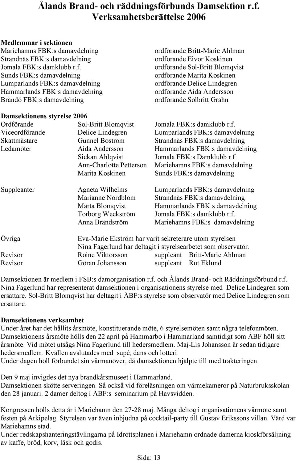 Verksamhetsberättelse 2006 Medlemmar i sektionen Mariehamns FBK:s damavdelning Strandnäs FBK:s damavdelning Jomala FBK:s damklubb r.f.