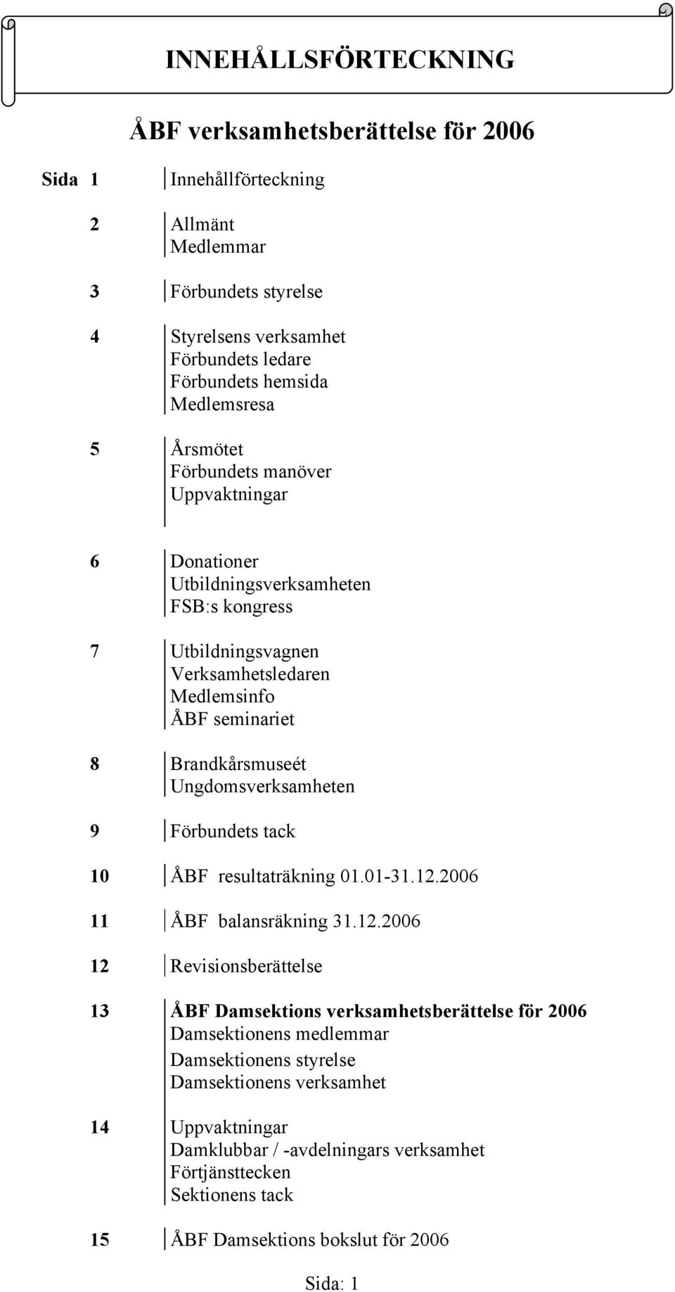 Brandkårsmuseét Ungdomsverksamheten 9 Förbundets tack 10 ÅBF resultaträkning 01.01-31.12.