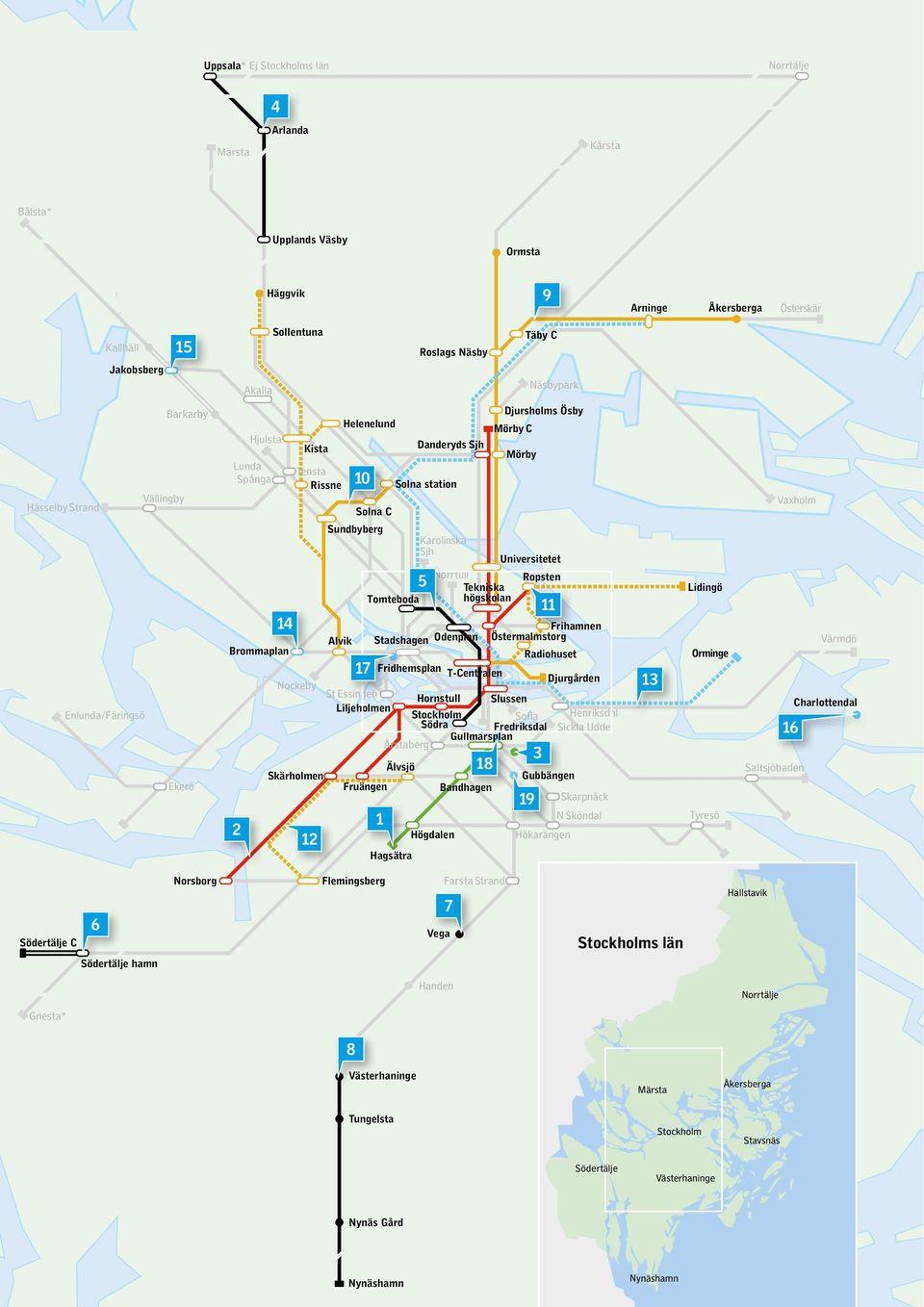 Sundbyberg Älvsjö Karolinska Sjh Norrtull Tekniska högskolan Högdalen Bandhagen Ropsten Frihamnen Alvik Stadshagen Odenplan Östermalmstorg Brommaplan Radiohuset 17 Fridhemsplan T-Centralen Djurgården