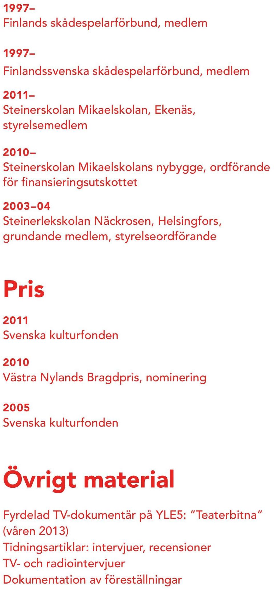 styrelseordförande Pris Svenska kulturfonden 2010 Västra Nylands Bragdpris, nominering 2005 Svenska kulturfonden Övrigt material Fyrdelad