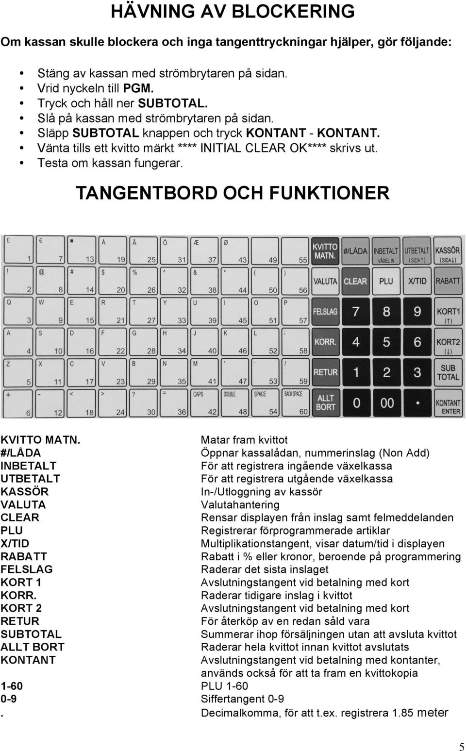 TANGENTBORD OCH FUNKTIONER KVITTO MATN. #/LÅDA INBETALT UTBETALT KASSÖR VALUTA CLEAR PLU X/TID RABATT FELSLAG KORT 1 KORR.