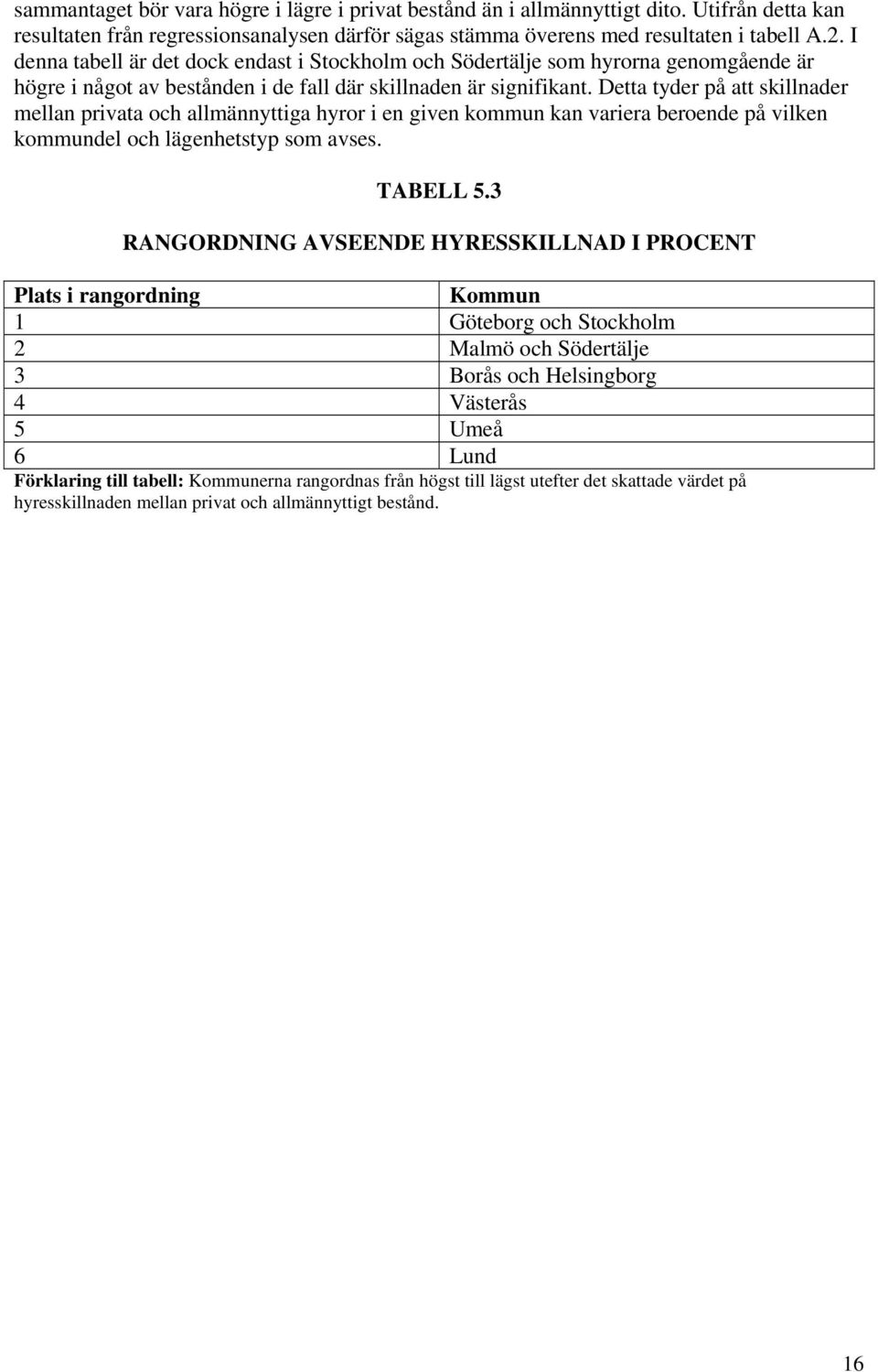 Detta tyder på att skillnader mellan privata och allmännyttiga hyror i en given kommun kan variera beroende på vilken kommundel och lägenhetstyp som avses. TABELL 5.