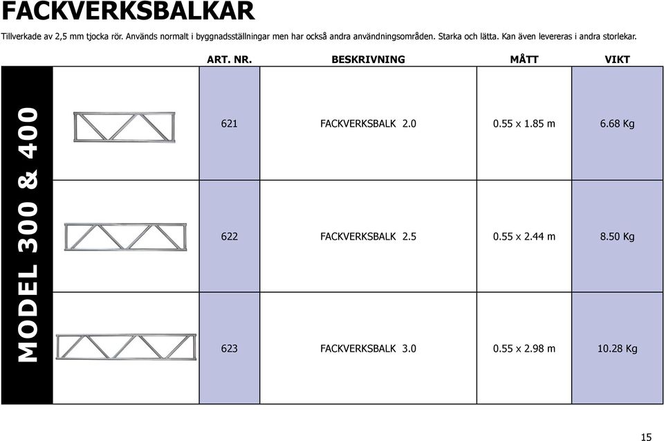 Starka och lätta. Kan även levereras i andra storlekar.