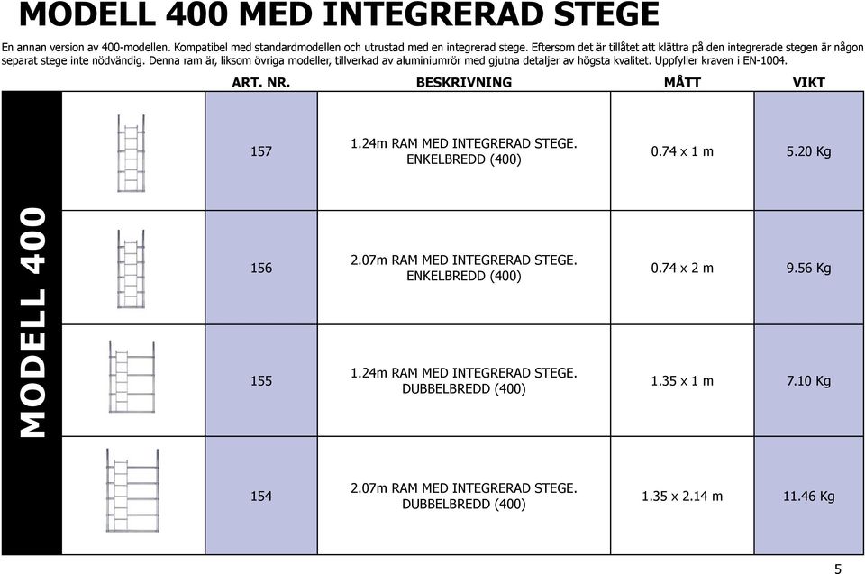 Denna ram är, liksom övriga modeller, tillverkad av aluminiumrör med gjutna detaljer av högsta kvalitet. Uppfyller kraven i EN-1004. 157 1.24m RAM MED INTEGRERAD STEGE.