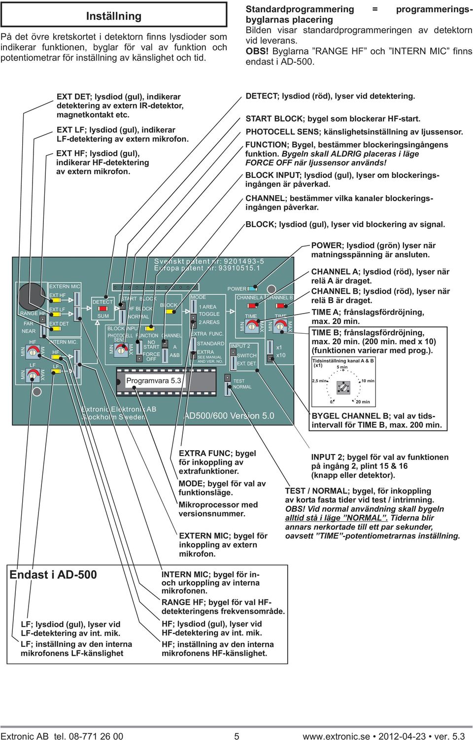 EXT ET; lysdiod (gul), indikerar detektering av extern IRdetektor, magnetkontakt etc. EXT ; lysdiod (gul), indikerar detektering av extern mikrofon.