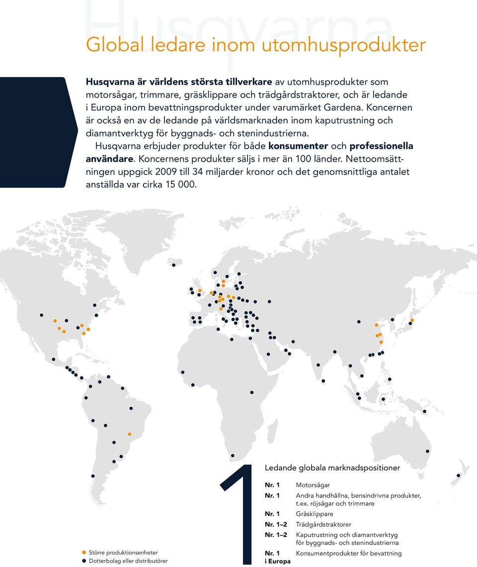 Husqvarna erbjuder produkter för både konsumenter och professionella användare. Koncernens produkter säljs i mer än 100 län der.