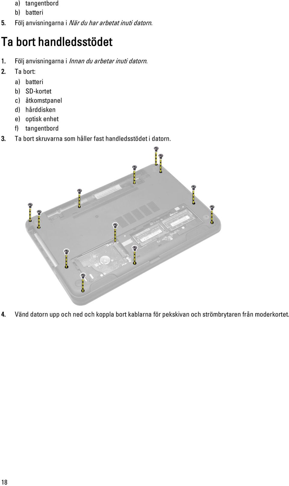 Ta bort: a) batteri b) SD-kortet c) åtkomstpanel d) hårddisken e) optisk enhet f) tangentbord 3.