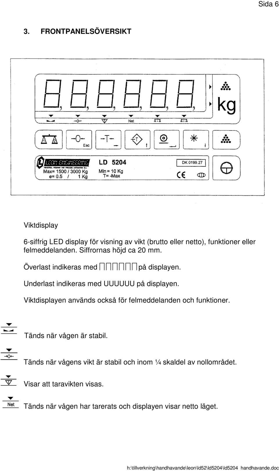 felmeddelanden. Siffrornas höjd ca 20 mm. Överlast indikeras med på displayen. Underlast indikeras med UUUUUU på displayen.