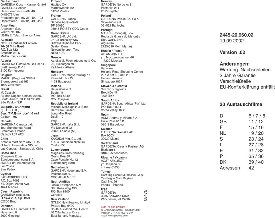 Cassab Av. das Nações Unidas, 20.882 Santo Amaro, CEP 04795-000 São Paulo - S.P. Bulgaria / България ДЕНЕКС ООД Бул. Г.М.Димитров 16 ет.4 София 1797 Canada GARDENA Canada Ltd.