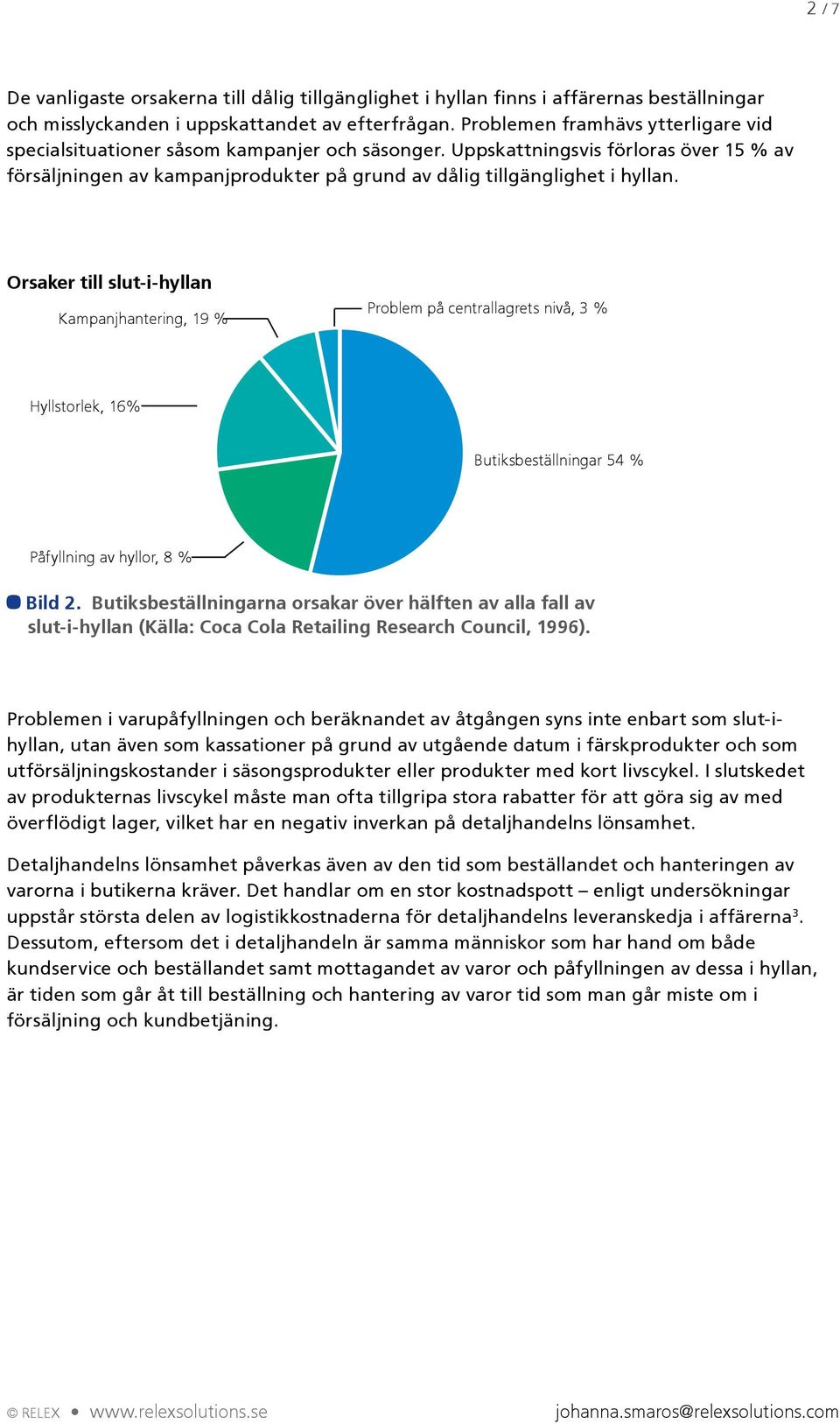 Orsaker till slut-i-hyllan Kampanjhantering, 19 % Problem på centrallagrets nivå, 3 % Hyllstorlek, 16% Butiksbeställningar 54 % Påfyllning av hyllor, 8 % Bild 2.