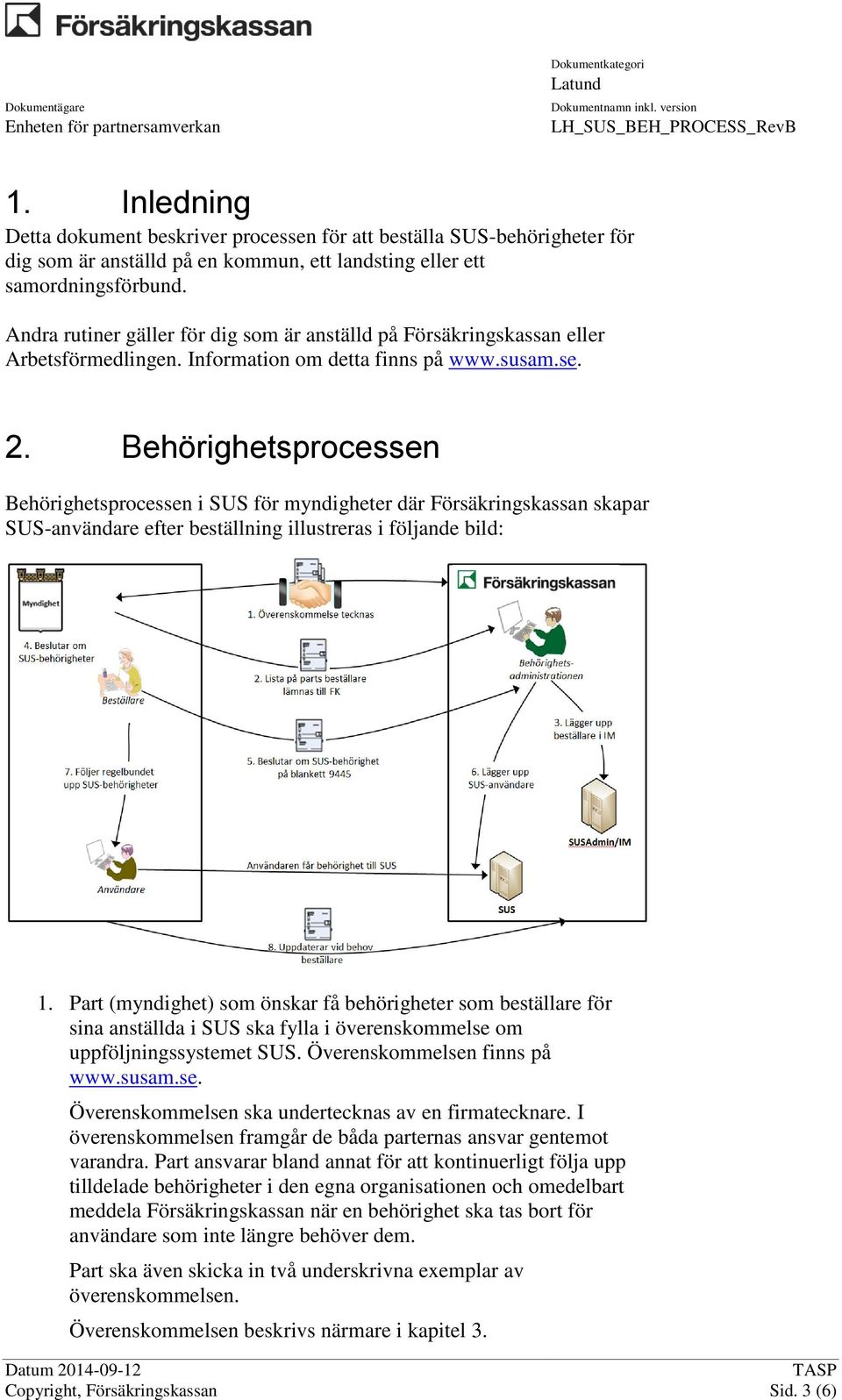 Behörighetsprocessen Behörighetsprocessen i SUS för myndigheter där Försäkringskassan skapar SUS-användare efter beställning illustreras i följande bild: 1.