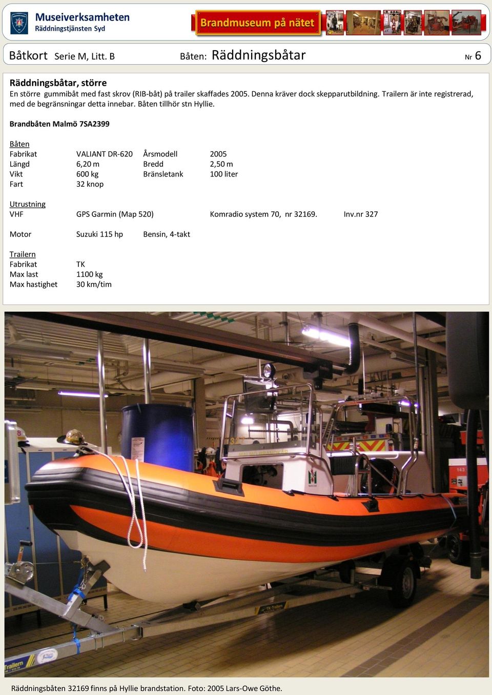 Brandbåten Malmö 7SA2399 Båten Fabrikat VALIANT DR-620 Årsmodell 2005 Längd 6,20 m Bredd 2,50 m Vikt 600 kg Bränsletank 100 liter Fart 32 knop Utrustning VHF GPS