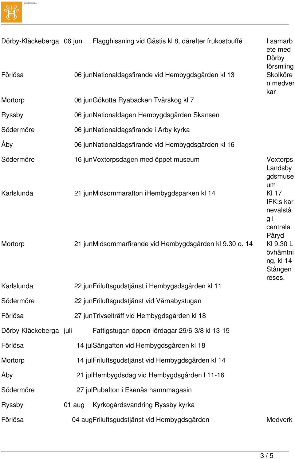 Voxtorps Landsby gdsmuse um Karlslunda 21 junmidsommarafton ihembygdsparken kl 14 Kl 17 IFK:s kar nevalstå g i centrala Påryd Mortorp 21 junmidsommarfirande vid Hembygdsgården kl 9.30 o. 14 Kl 9.