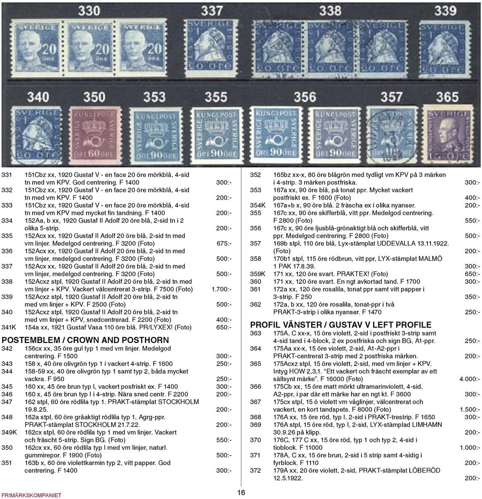 F 1400 200:- 334 152Aa, b xx, 1920 Gustaf II Adolf 20 öre blå, 2-sid tn i 2 olika 5-strip. 200:- 335 152Acx xx, 1920 Gustaf II Adolf 20 öre blå, 2-sid tn med vm linjer. Medelgod centrering.