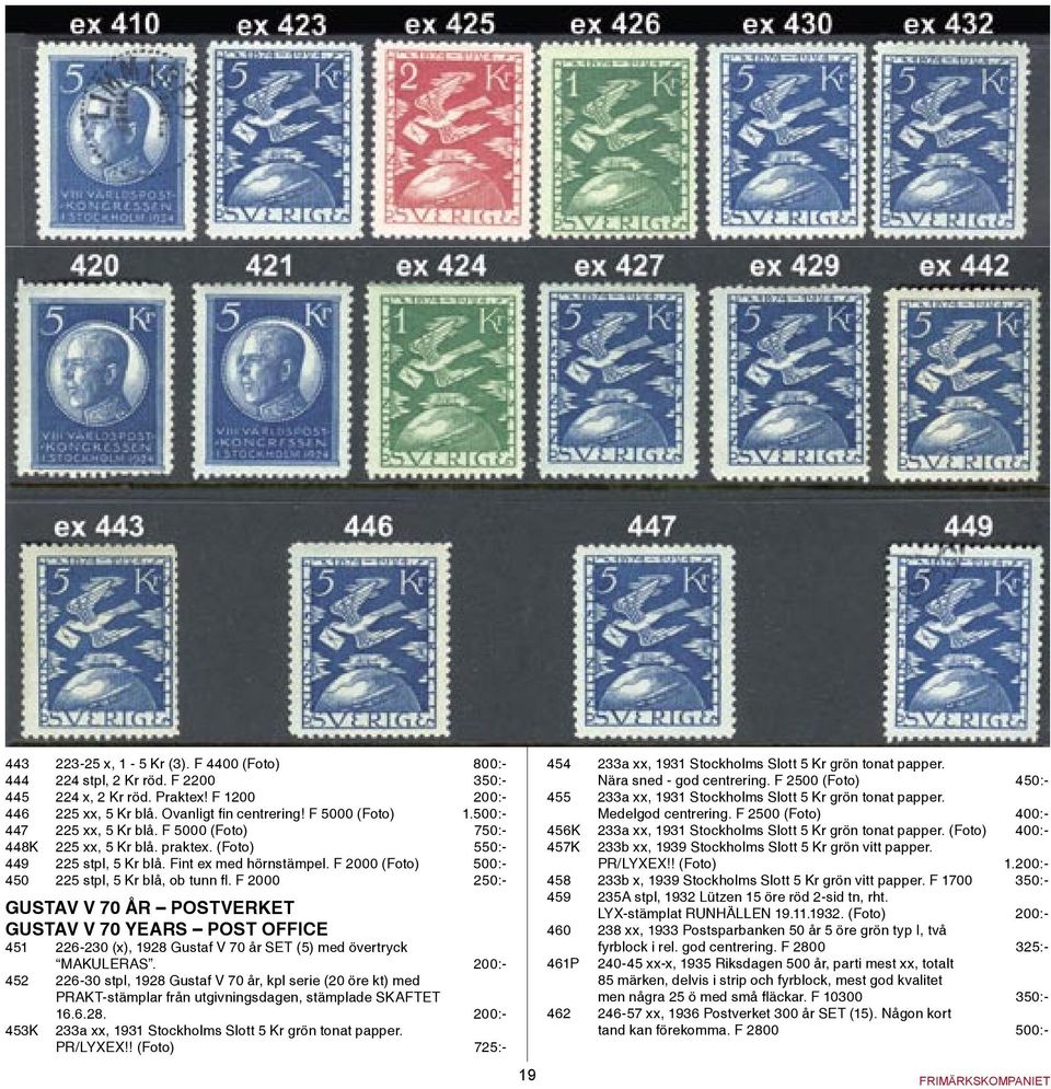 F 2000 250:- GUSTAV V 70 ÅR POSTVERKET GUSTAV V 70 YEARS POST OFFICE 451 226-230 (x), 1928 Gustaf V 70 år SET (5) med övertryck MAKULERAS.