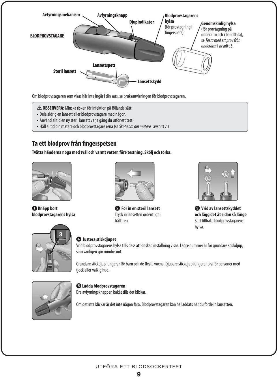 OBSERVERA: Minska risken för infektion på följande sätt: Dela aldrig en lansett eller blodprovstagare med någon. Använd alltid en ny steril lansett varje gång du utför ett test.