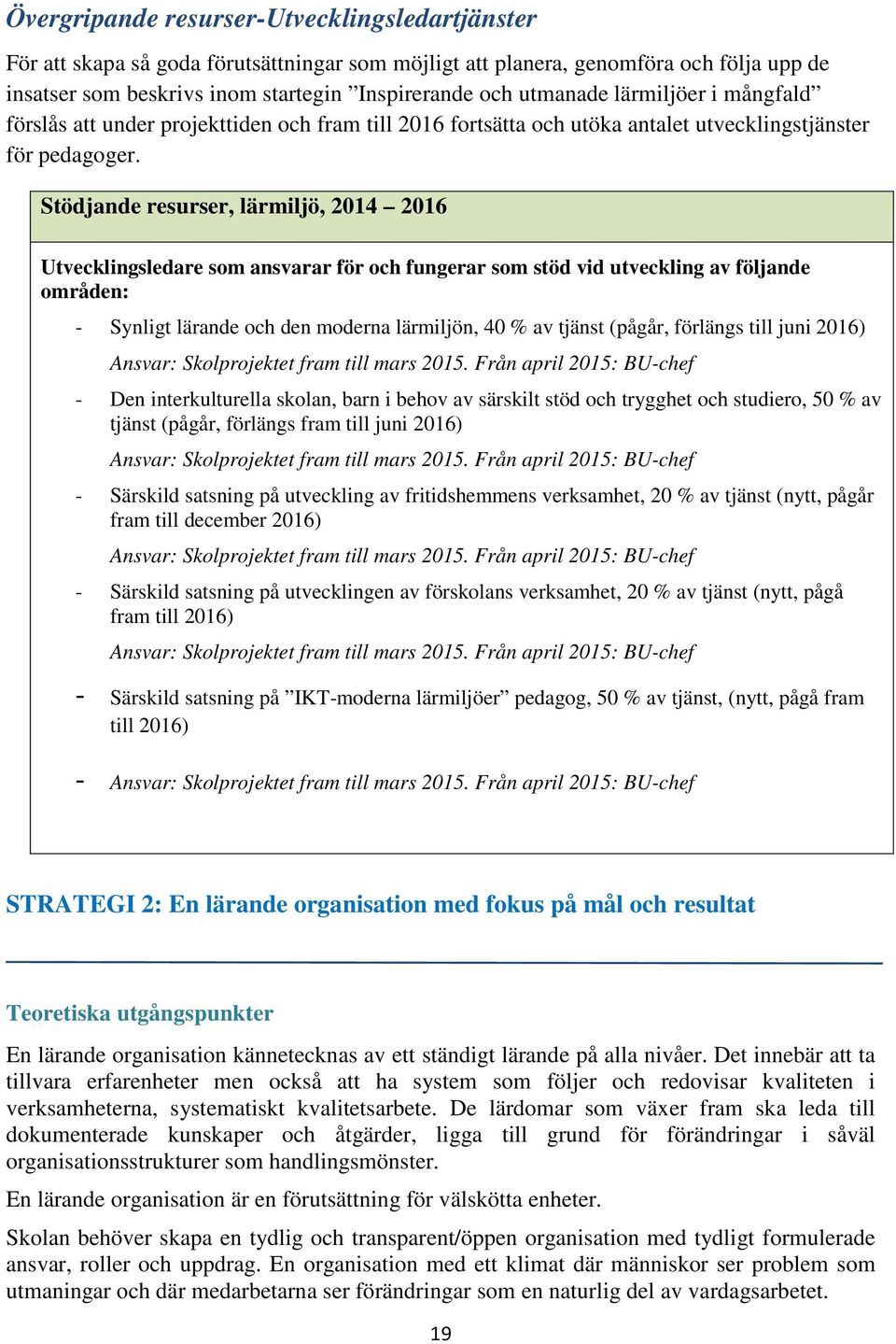 Stödjande resurser, lärmiljö, 2014 2016 Utvecklingsledare som ansvarar för och fungerar som stöd vid utveckling av följande områden: - Synligt lärande och den moderna lärmiljön, 40 % av tjänst