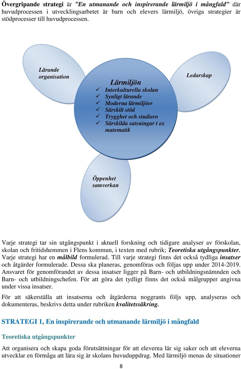 strategi tar sin utgångspunkt i aktuell forskning och tidigare analyser av förskolan, skolan och fritidshemmen i Flens kommun, i texten med rubrik; Teoretiska utgångspunkter.