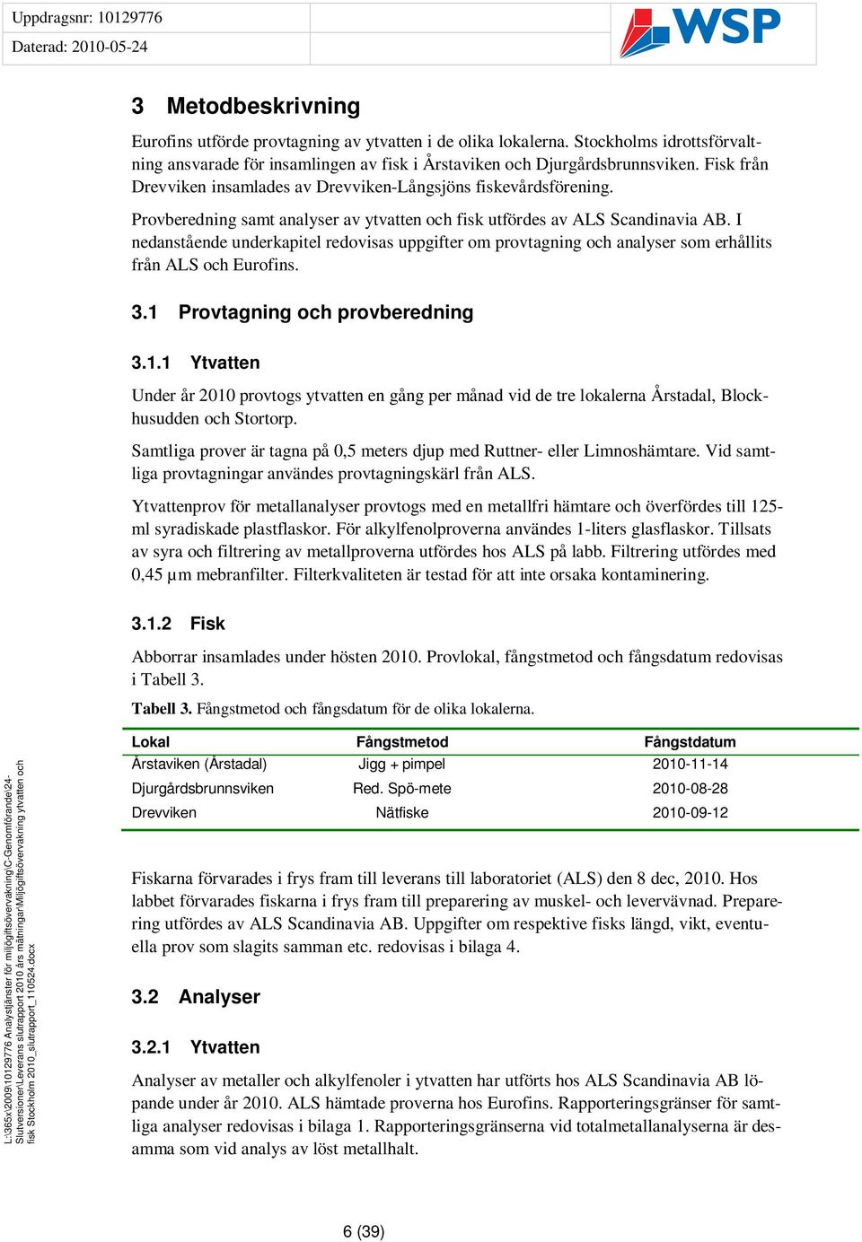 I nedanstående underkapitel redovisas uppgifter om provtagning och analyser som erhållits från ALS och Eurofins. 3.1 