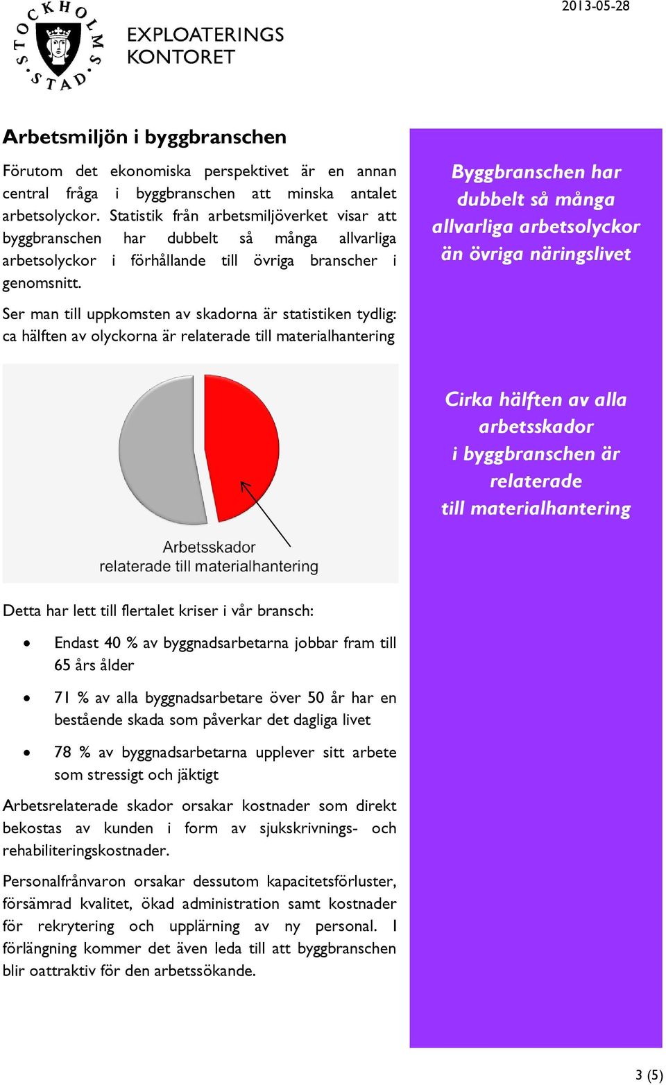 Ser man till uppkomsten av skadorna är statistiken tydlig: ca hälften av olyckorna är relaterade till materialhantering Byggbranschen har dubbelt så många allvarliga arbetsolyckor än övriga