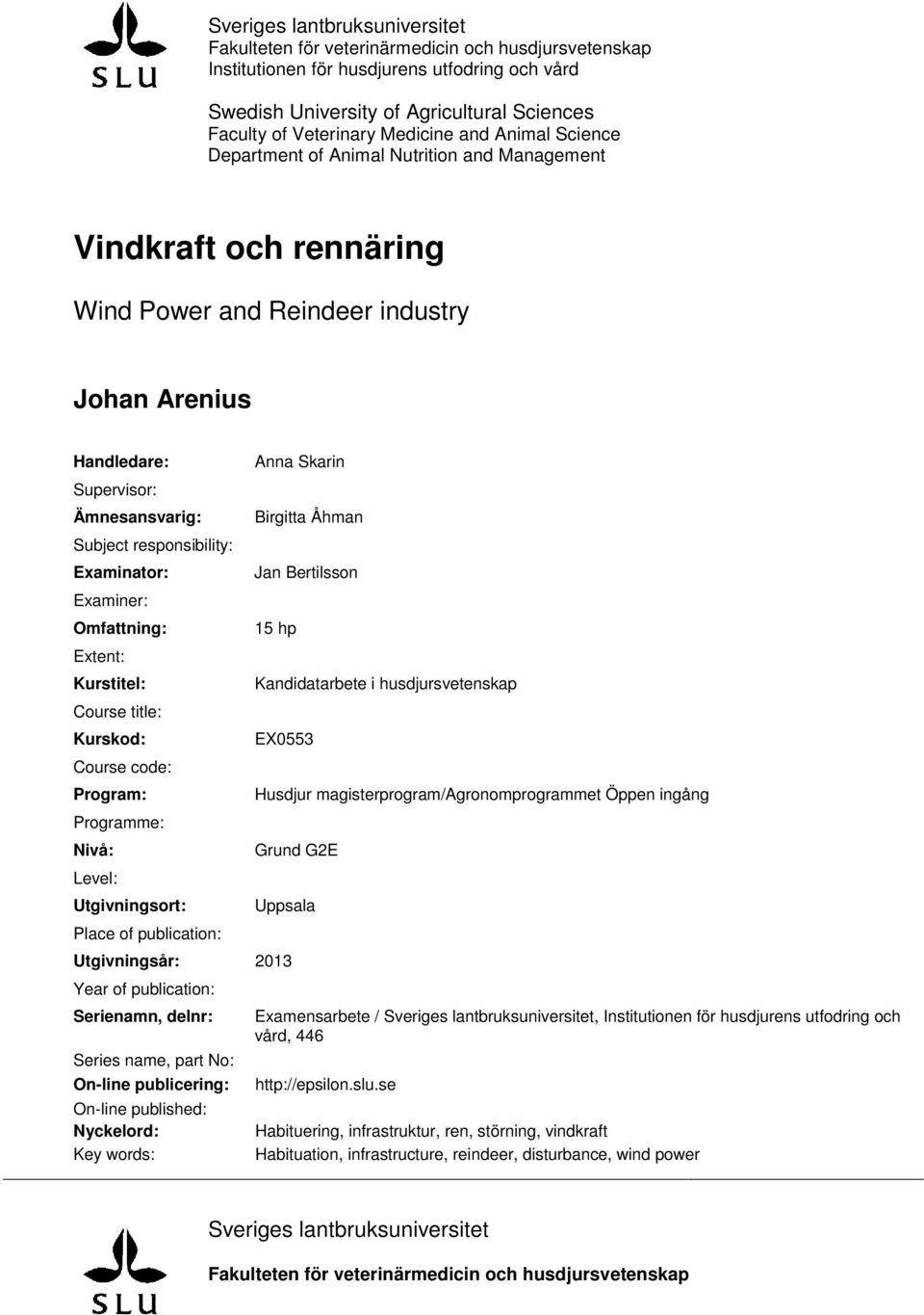 Birgitta Åhman Subject responsibility: Examinator: Jan Bertilsson Examiner: Omfattning: 15 hp Extent: Kurstitel: Kandidatarbete i husdjursvetenskap Course title: Kurskod: EX0553 Course code: Program: