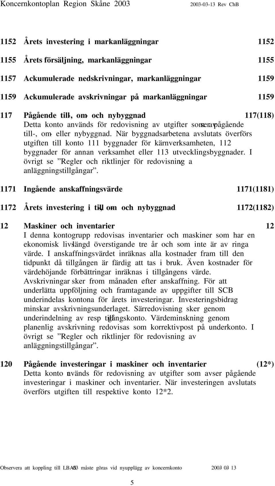 När byggnadsarbetena avslutats överförs utgiften till konto 111 byggnader för kärnverksamheten, 112 byggnader för annan verksamhet eller 113 utvecklingsbyggnader.