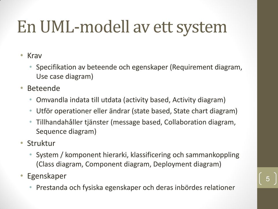 Tillhandahåller tjänster (message based, Collaboration diagram, Sequence diagram) Struktur System / komponent hierarki,