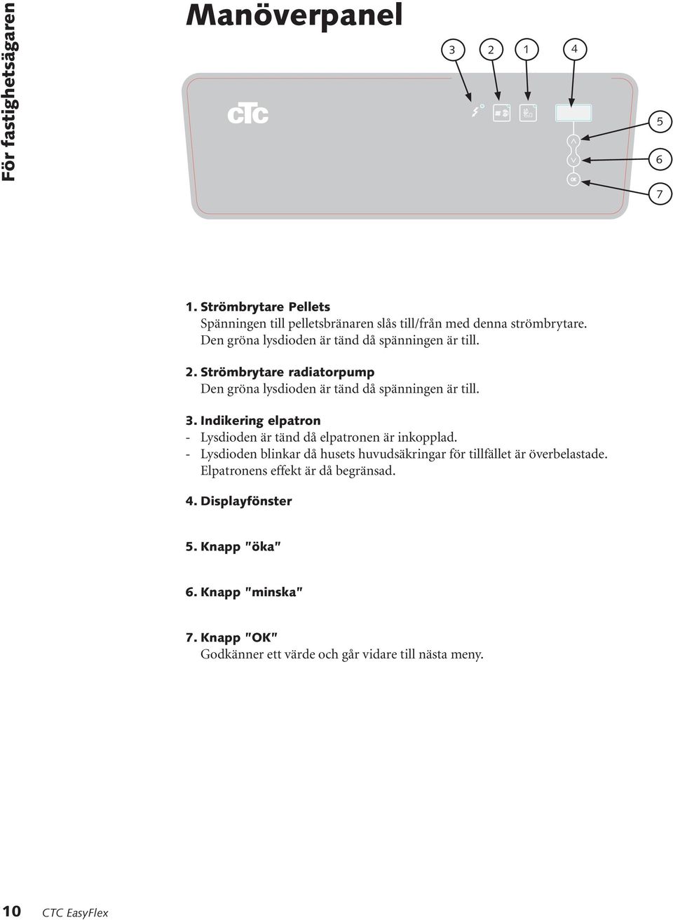 Strömbrytare radiatorpump Den gröna lysdioden är tänd då spänningen är till. 3. Indikering elpatron - Lysdioden är tänd då elpatronen är inkopplad.