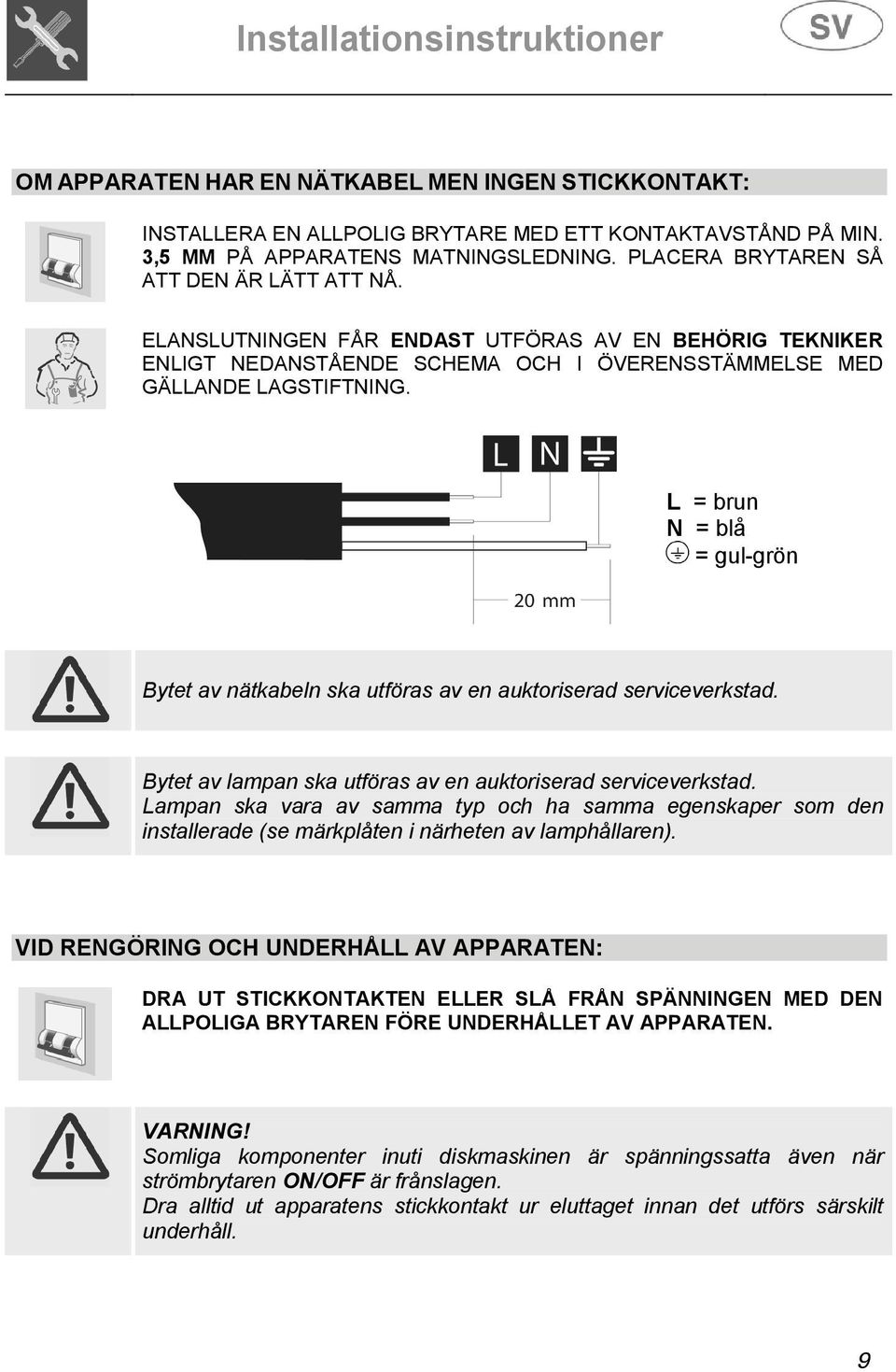 L = brun N = blå = gul-grön Bytet av nätkabeln ska utföras av en auktoriserad serviceverkstad. Bytet av lampan ska utföras av en auktoriserad serviceverkstad.