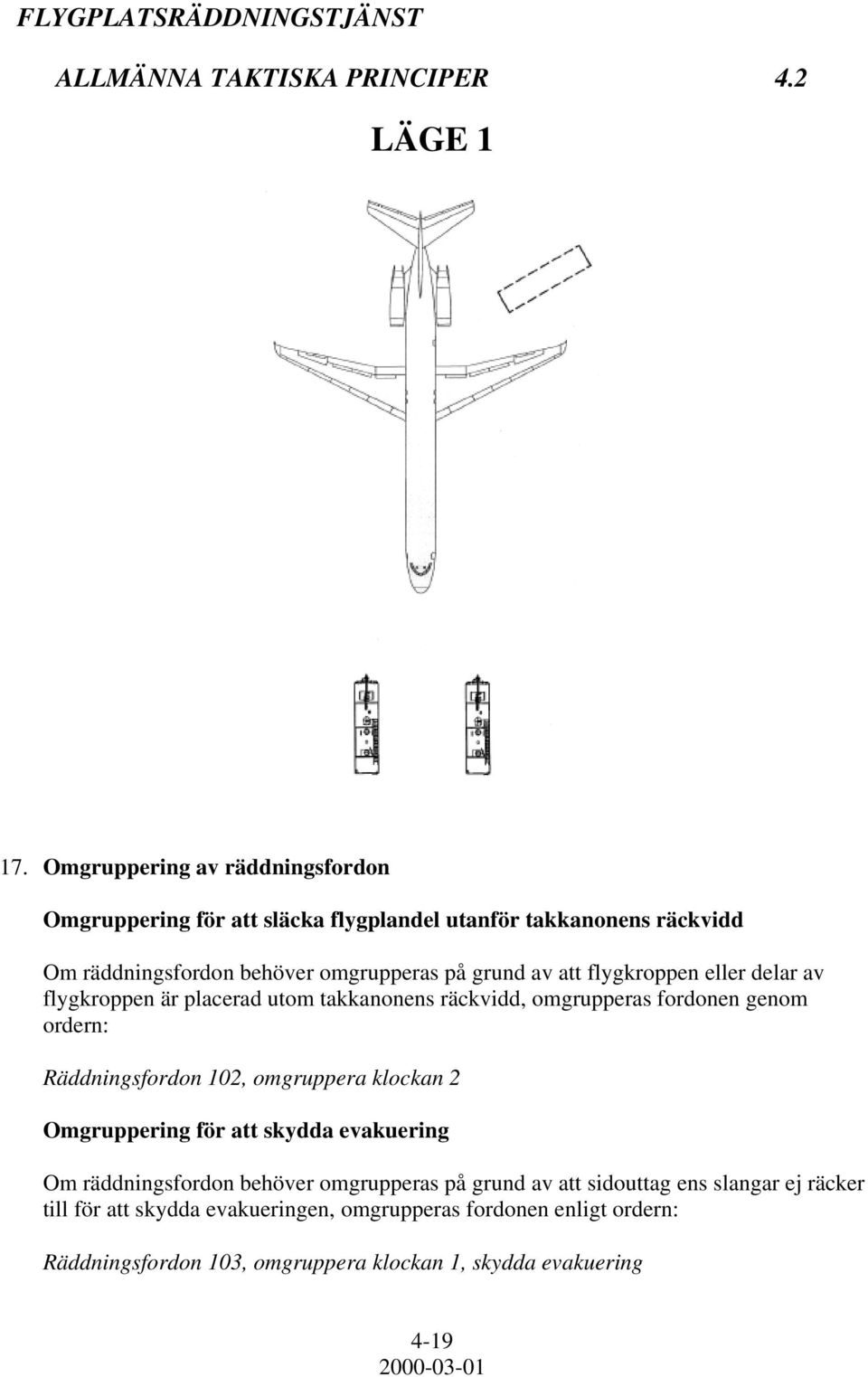 flygkroppen eller delar av flygkroppen är placerad utom takkanonens räckvidd, omgrupperas fordonen genom ordern: Räddningsfordon 102, omgruppera klockan 2