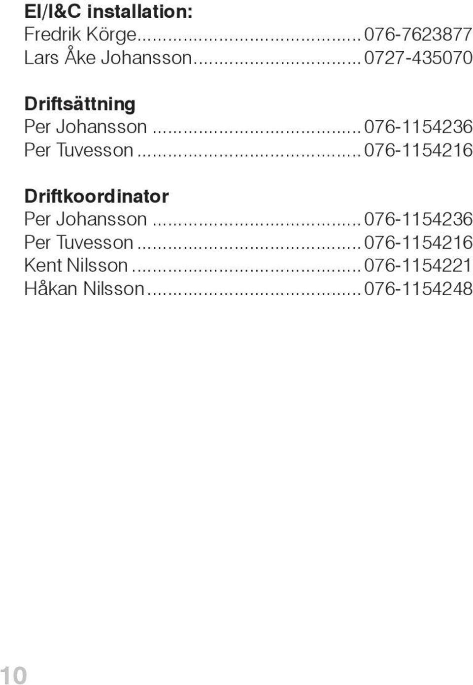 .. 076-1154216 Driftkoordinator Per Johansson...076-1154236 Per Tuvesson.