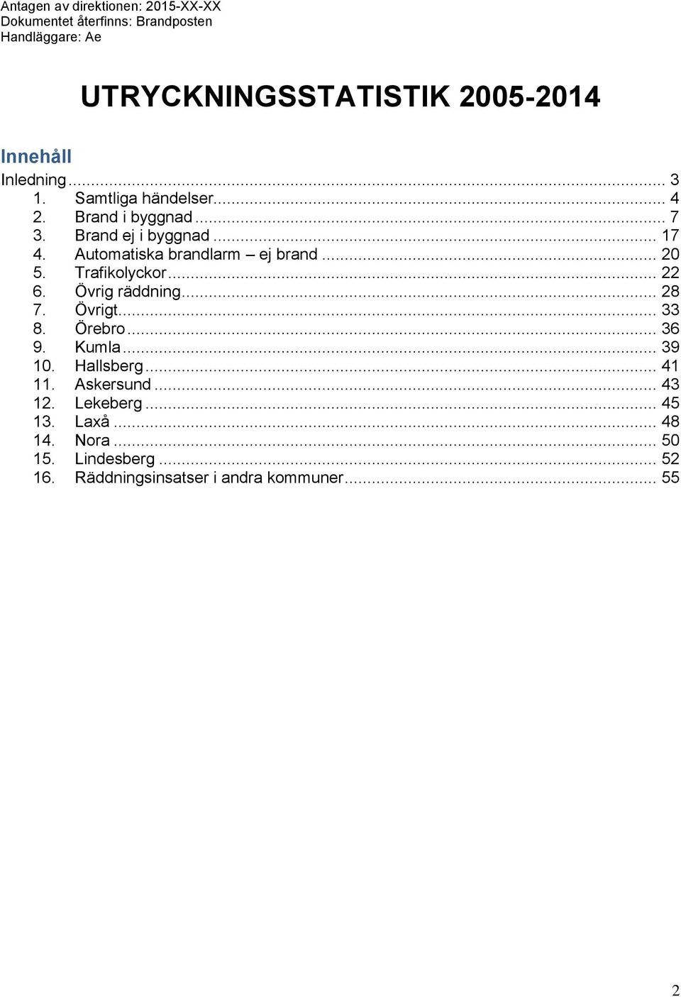 Automatiska brandlarm ej brand... 2 5. Trafikolyckor... 22 6. Övrig räddning... 28 7. Övrigt... 33 8. Örebro... 36 9. Kumla.