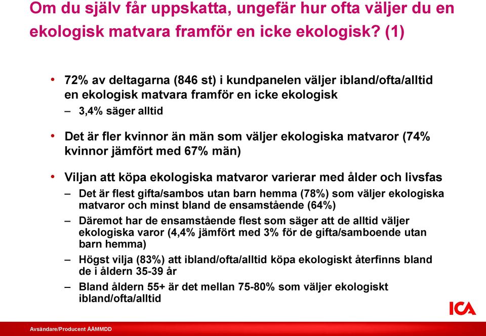 kvinnor jämfört med 67% män) Viljan att köpa ekologiska matvaror varierar med ålder och livsfas Det är flest gifta/sambos utan barn hemma (78%) som väljer ekologiska matvaror och minst bland de