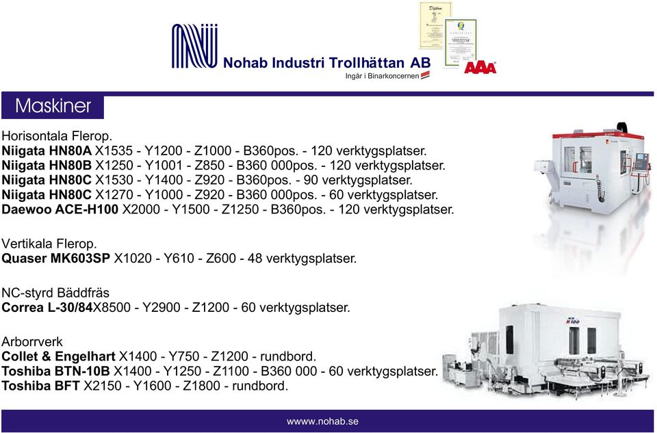 Vertikala Flerop. Quaser MK603SP X1020 - Y610 - Z600-48 verktygsplatser. NC-styrd Bäddfräs Correa L-30/84X8500 - Y2900 - Z1200-60 verktygsplatser.