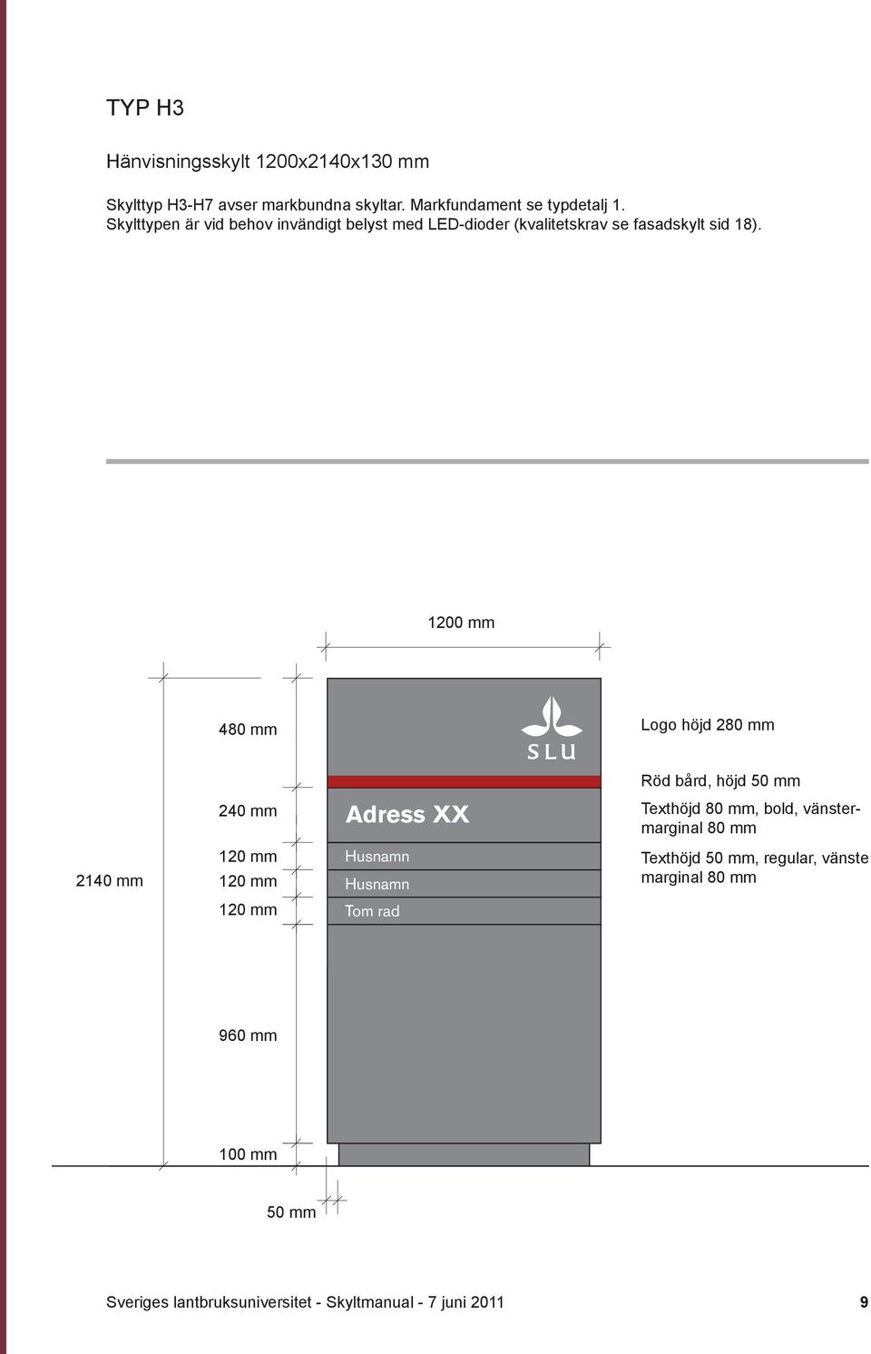 Skylttypen är vid behov invändigt belyst med LED-dioder (kvalitetskrav se fasadskylt sid 18).