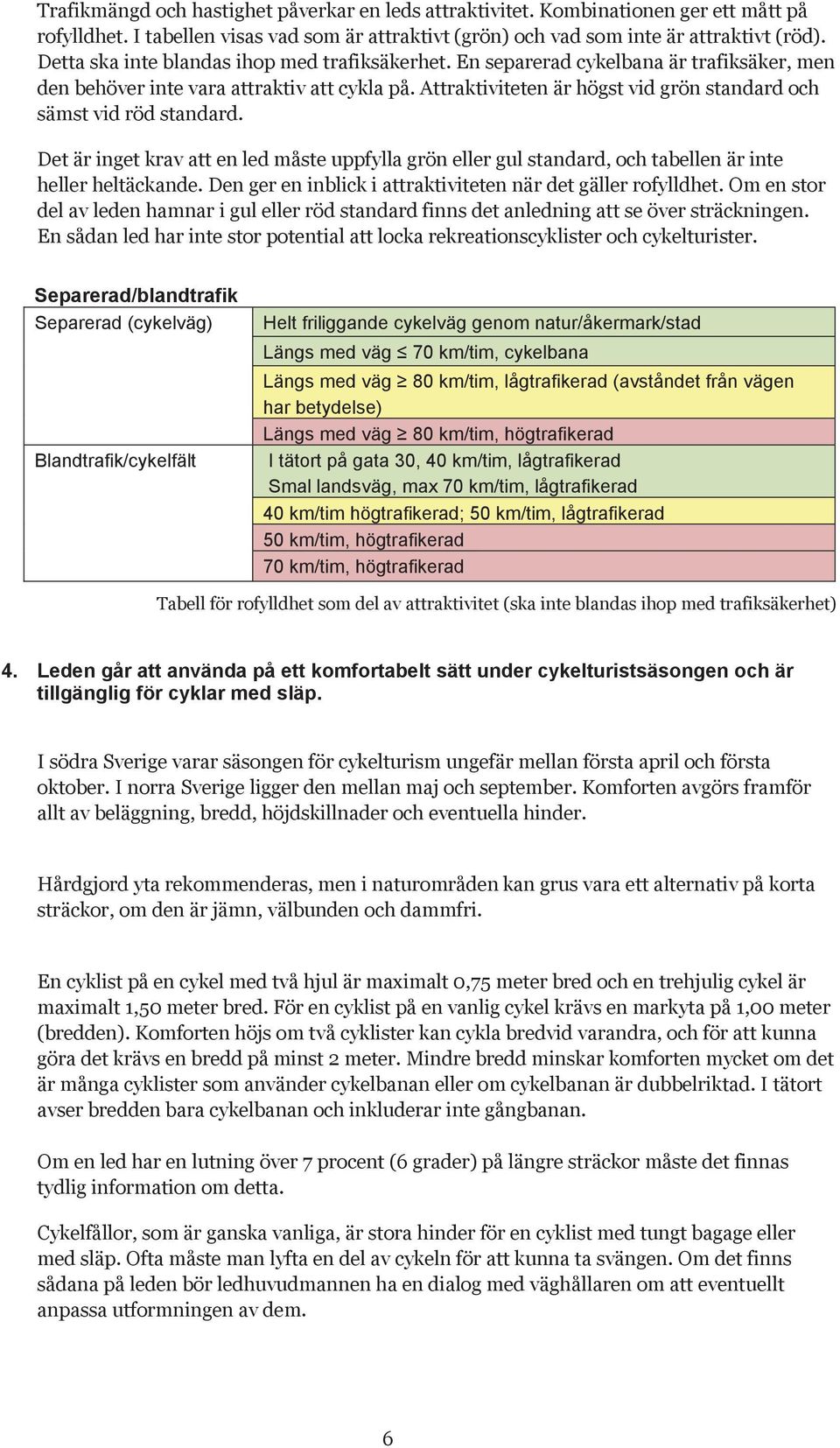 Attraktiviteten är högst vid grön standard och sämst vid röd standard. Det är inget krav att en led måste uppfylla grön eller gul standard, och tabellen är inte heller heltäckande.