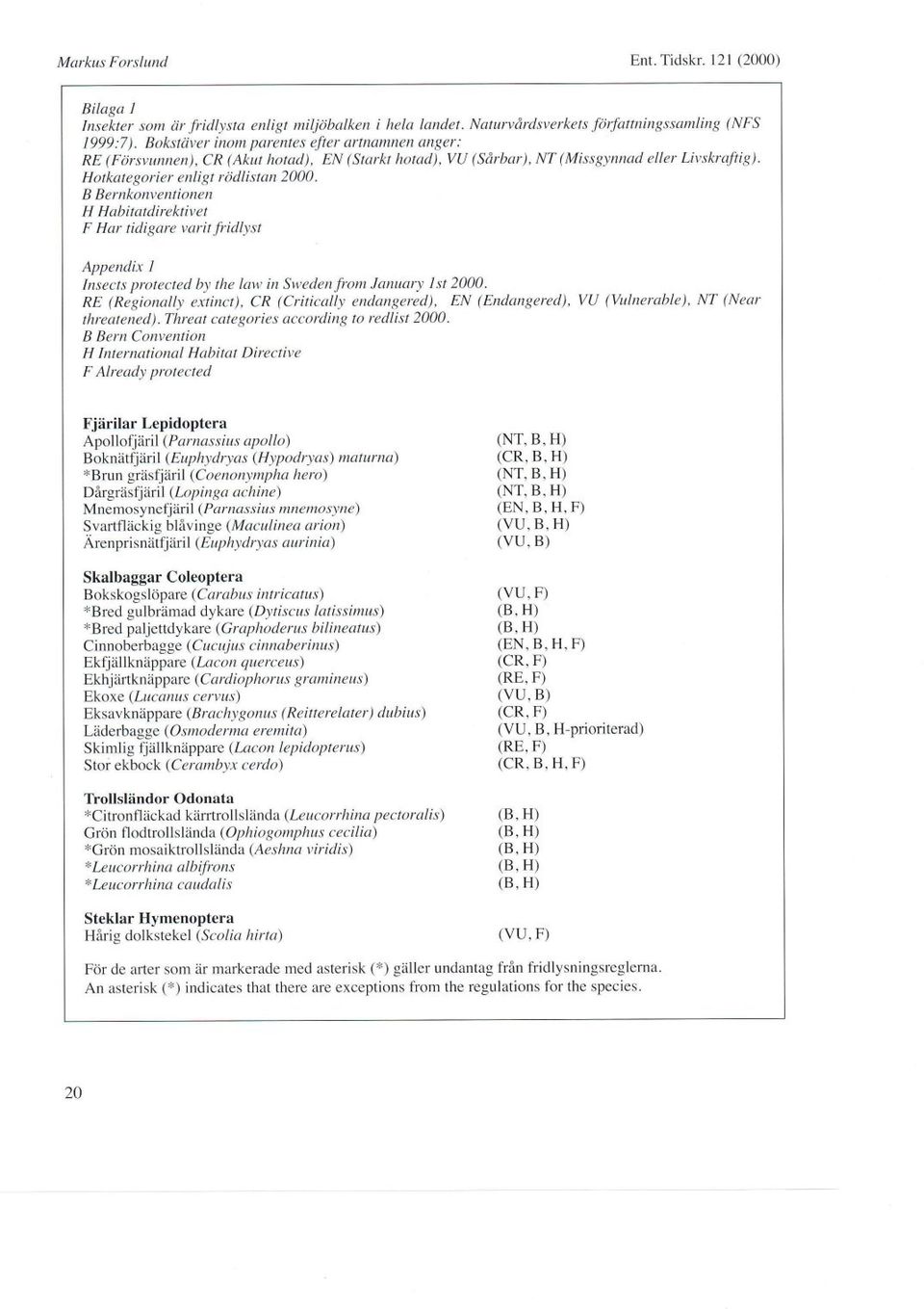 B Bernkonventionen H Habitatdirektivet F Har tidigare varit.fridlyst N aturv ård sv e r ke t s författnin g s s amlin g ( N F S (Sårbar), NT (Missgynnad eller Livskraftig).