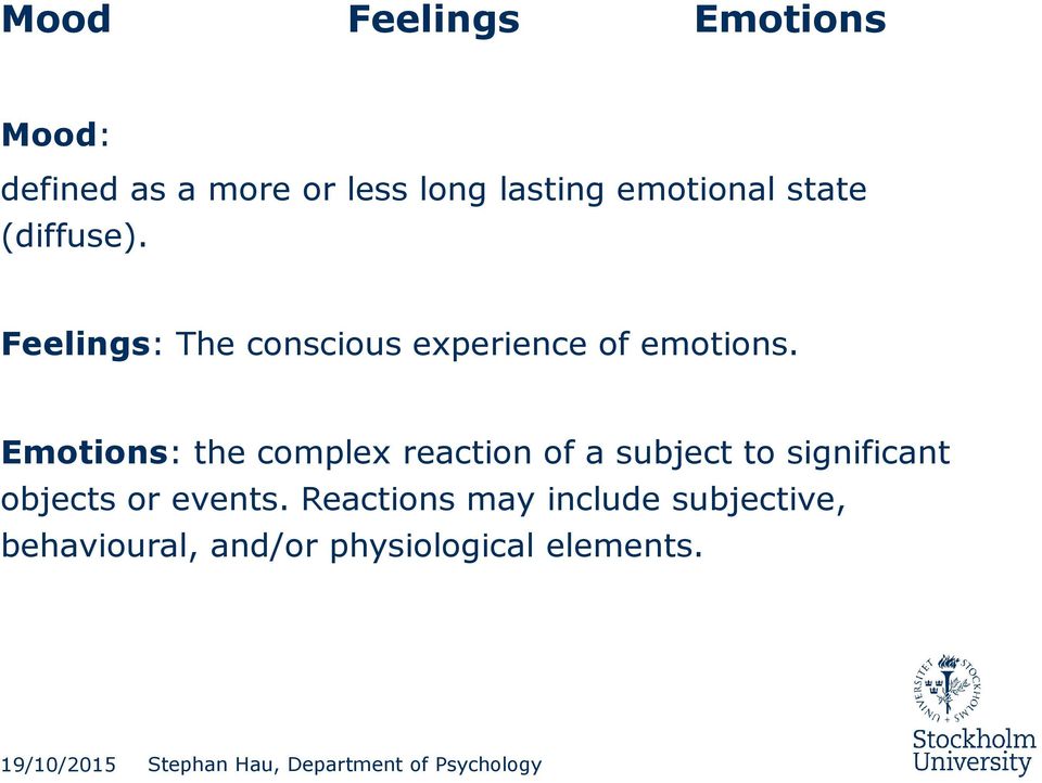 Emotions: the complex reaction of a subject to significant objects or