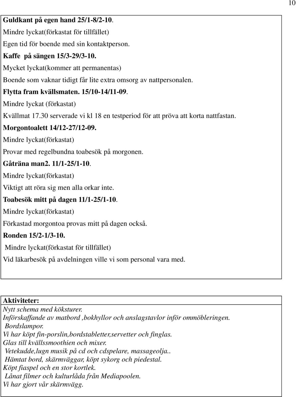 30 serverade vi kl 18 en testperiod för att pröva att korta nattfastan. Morgontoalett 14/12-27/12-09. Mindre lyckat(förkastat) Provar med regelbundna toabesök på morgonen. Gåträna man2. 11/1-25/1-10.