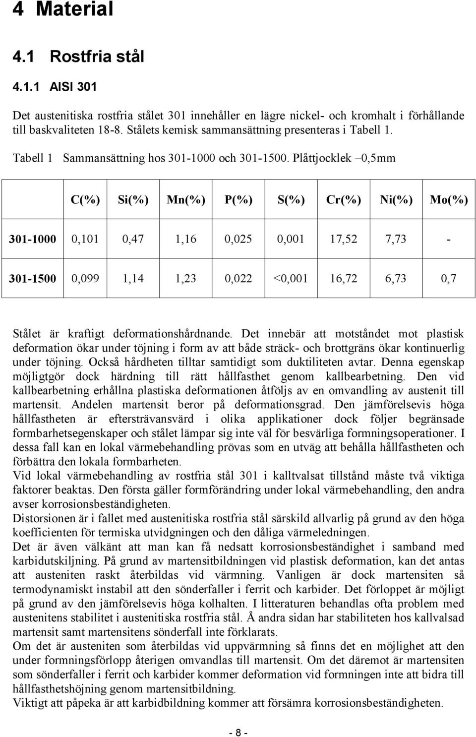 Plåttjocklek 0,5mm C(%) Si(%) Mn(%) P(%) S(%) Cr(%) Ni(%) Mo(%) 301-1000 0,101 0,47 1,16 0,025 0,001 17,52 7,73-301-1500 0,099 1,14 1,23 0,022 <0,001 16,72 6,73 0,7 Stålet är kraftigt